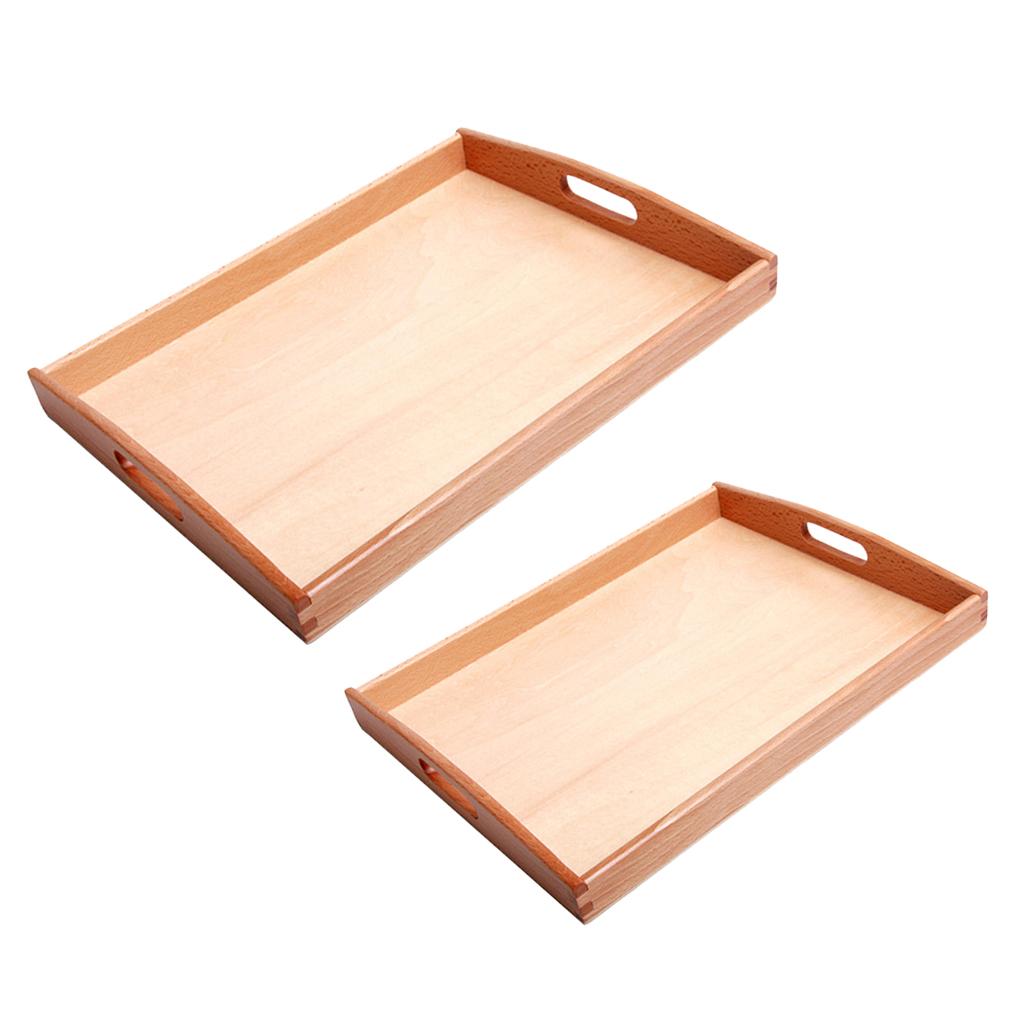 2 Wooden Montessori Rectangle Tray Cubes Beads Toys Holders With Handle S&M 