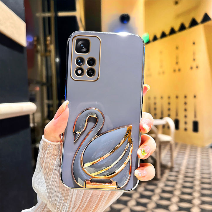 andyh-phone-case-for-xiaomi-poco-m4-pro-5g-case-creative-fashion-luxury-new-3d-swan-retractable-stand-phone-case-premium-simple-solid-color-straight-edge-plating-soft-silicone-shockproof-casing-protec