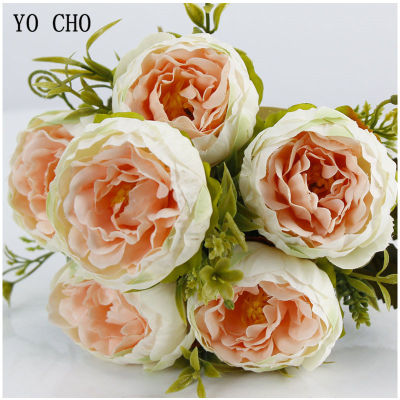 YO CHO Artificial Silk Flower 6 Heads Peony Mini Bouquet Fake Peony Flower Champagne Bridesmaid Wedding Bouquet Home Party Decor