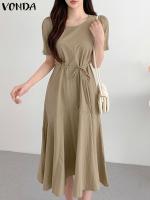 【HOT】♘✆ 2023 Ruffled Short Sleeve Sundress Belted Fashion Color Streetwear Vestido