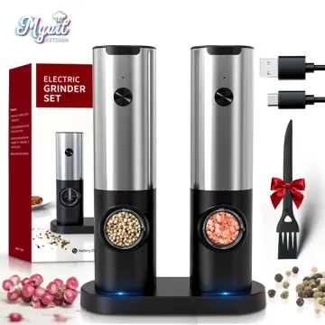 Wheat Straw Electric Salt Pepper Grinder Set LED Light Automatic Spice Herb  Mill Adjustable Coarseness Ceramic Core Kitchen Tool