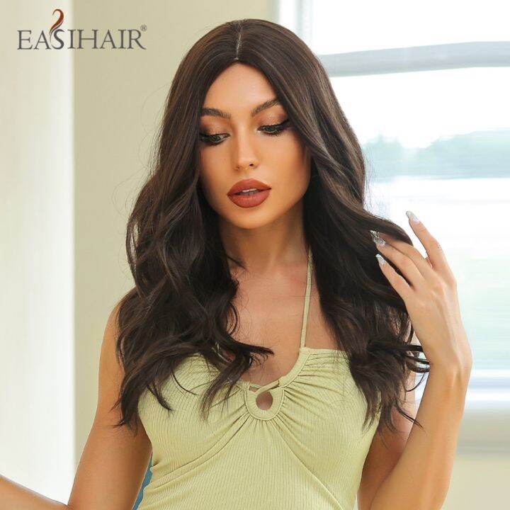 easihair-ยาวหยักศกสังเคราะห์สีดำสีน้ำตาลเข้มวิกผมตรงส่วนตรงกลางสำหรับผู้หญิงทุกวันคอสเพลย์ปาร์ตี้ทนความร้อน