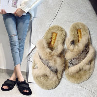 Faux Fur Design Women Home Slippers Solid Color Open Toe House Indoor 2023 Winter Flat Non-slip Leisure Interior Female Shoes