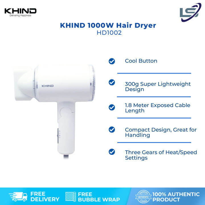 KHIND 1000W Hair Dryer HD1002 Folding Handle Space Saving, Storing at Will Three Gears of