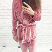 HECHAN Pink Velvet Pajamas Women Two Piece Set Warm Pocket Long Sleeve Robes And Pants Female Night Suit Casual Thick Sleepwear