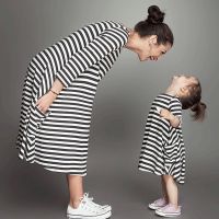 (KTL)Summer Mommy and Me Family Matching Set Mother Daughter Striped Dresses Clothes Mom Dress Kids Child Outfits Mum Baby Girl Suit