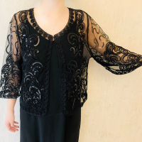 Black Thin Long Sleeve Flapper Shawl Crochet Lace Mesh Sequins Shrug Bolero Women Embroidery Cardigan Short Coat