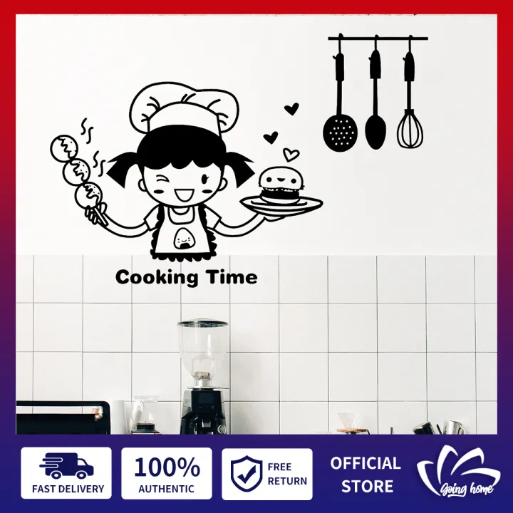 Cooking Time Wall Stickers Happy Chef Wall Decals Cute Girl Wallpaper Vinyl  Wall Art Mural for Kitchen Living Room Dinner Room Home Decoration PVC  Removable Background Decal Art Poster House Decor |