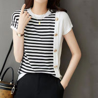 Female Commuter Fashion Button Striped Patchwork Pullovers Top 2022 Summer New Women Clothing O-Neck Short Sleeve Casual T-shirt