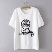 【มีไซส์ใหญ่】Plus Size Womens Short Sleeve White Black Knitted Summer Shirts Oversized Casual Female Tops Cute Lion Top