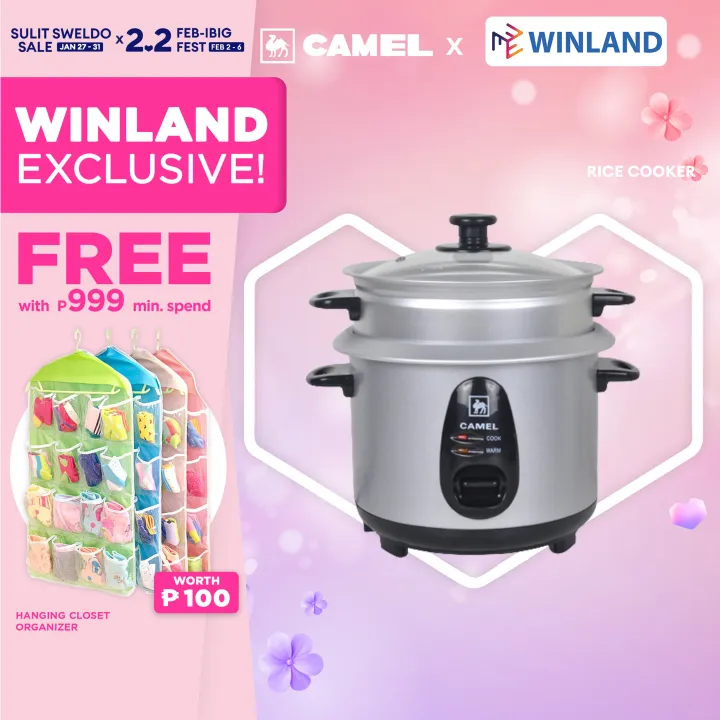 CAMEL by Winland 1.8L Rice Cooker with Steamer & Glass Lid (10 cups