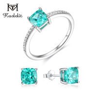 Kuololit Emerald Aquamarine Gemstone Jewelry Sets for Women Solid 925 Sterling Silver Ring Earrings Engagement Gift