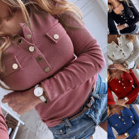 Women Autumn Spring Knitted Sweater Tops Casual Long Sleeve Plus Size O-Neck Button Up Pocket Female Basis Pullover Top