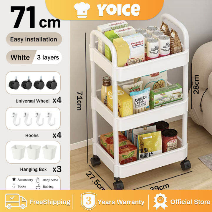 3 Layer Kitchen Storage Trolley With 3 Hanging Buckets Movable Trolley