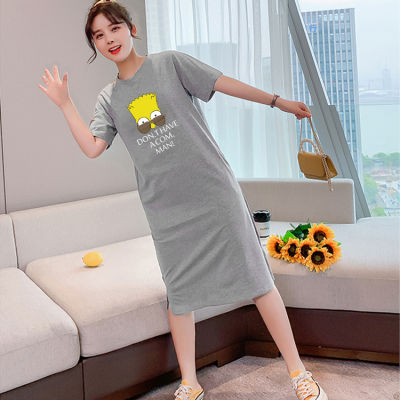 Q67(จัดส่งโดยKerry)เดรสยาวเสื้อยืดแฟชั่นผู้หญิงสไตล์เกาหลี คอกลมแขนสั้น เนื้อผ้ายืดหยุ่นดี กระโปรงเสื้อยืดทรงสวย แนวหวานสดวัยรุ่นน่ารั