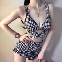 2023 Korea Style Women Sexy Bikini Suit Plaid New Star Same Swimsuit Hollow Out Cross Straps Summer Swimwear Holiday Beachwear