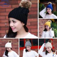 SADIE Cute Winter Warm Crochet Cap Wool Knit Hat Raccoon Fur Beanie Pom Bobble