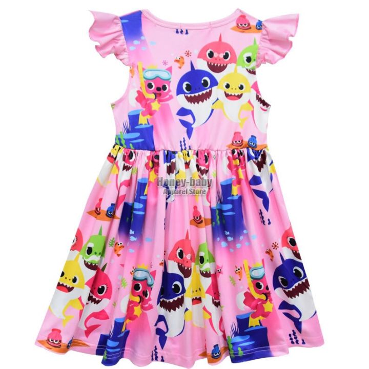 kids-girls-anime-cartoon-animal-shark-print-short-sleeve-o-neck-ruffle-dress-for-carnival-princess-outfits