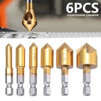 6ชิ้น6-19มิลลิเมตร Countersink Chamfer อ่างล้างจานแบบเคลือบไทเทเนียมสำหรับงานไม้ดอกสว่าน5ร่องที่มีคุณภาพ Hss เจาะ Hss