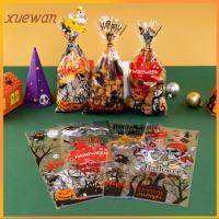 XUEWAN 50pcs หลอกหรือปฏิบัติ ถุงขนมฮาโลวีน กระดาษแก้วโปร่งใส กระเป๋าใส่ขนม ถุงห่อขนม ของใหม่ ไม้ตีฟักทอง ถุงขนมคุกกี้ ตกแต่งฮาโลวีน