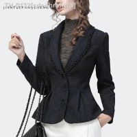 ✵✈❀ sdeifhruhvfu Ladylike-Blazer Feminino Chiques Bordado Ajuste Fino Curto Azul Escuro Outwear Elegante Novo Outono 2021