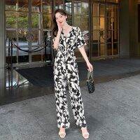 COD DSFERTEREERRE Retro temperament printed Korean chiffon floral summer new age-reducing ice silk jumpsuit