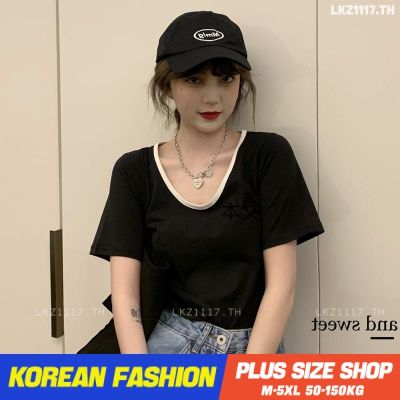 Plus size เสื้อผ้าสาวอวบ❤ เสื้อยืดสาวอวบอ้วน ไซส์ใหญ่ ผู้หญิง ทรงหลวม แขนสั้น คอกลม สีดำ ฤดูร้อน สไตล์เกาหลีแฟชั่น V728