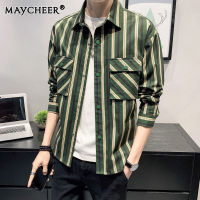 MAYCHEER เสื้อแขนยาวเสื้อเชิ๊ตลายทางใส่สบายหลวมของผู้ชายสามารถทับเสื้อผู้ชายได้