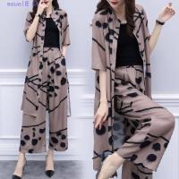 COD DSFGREYTRUYTU 【Set】Plus Size Women Suit Chiffon Summer Korean Casual Top Wide-leg Pants Fashion Two-piece Suit