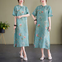 ฤดูร้อนใหม่สไตล์จีนที่ดีขึ้น Cheongsam กระโปรงป่านยืนแผ่นคอปุ่มวรรณกรรมชุดหญิง