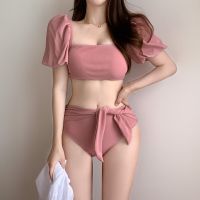 2023 Korea Style Women Two Piece Swimsuit High Waist Pink Solid Bikini Hot Spring Bathing Suit Holiday Beachwear