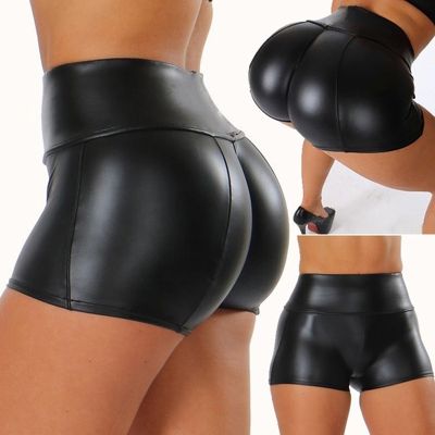【CC】 2023 Womens Shorts Elastic Waist Faux Leather Short Pants Hot Clubwear