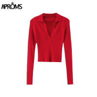 Aproms Vintage Candy Color V-neck Ribbed Knitted Sweaters Women Long Sleeve Soft Bodycon Pullovers  Spring Stretch Jumpers