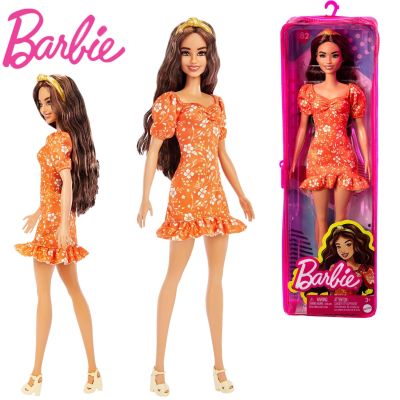 Barbie ตุ๊กตาแฟชั่น #182ชุดพิมพ์ลายสีส้มพร้อม Barbie หยักยาวสีน้ำตาลบ้านตุ๊กตาแต่งตัวของเล่น HBV16สำหรับเด็กผู้หญิง