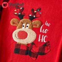 PatPat Christmas Family Matching Reindeer ปักลายสก๊อตสีแดง Raglan-Sleeve Pajamas Sets (ทนไฟ)