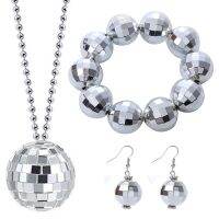 【LZ】✸▲✽  Disco Ball Costume Jewelry Decorações para Mulheres e Meninas Silver Mirror Balls Pulseira Brincos Colar Acessórios Rave 1970s