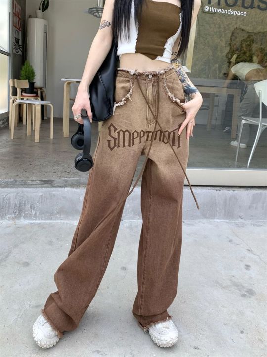 เสื้อ-spice-girl-fried-street-gradient-drawstring-jeans-women-spring-and-summer-casual-high-street-vibe-straight-leg-wide-leg-pants-high-waist-mopping-pants