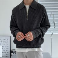 2023 Fall New Mens Knit Sweater Long Sleeve Zipper Lapel Pure Color Knitted Sweatshirts Casual Fashion Sweaters Jumper Tops Men