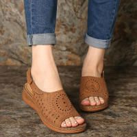 รองเท้าแตะสำหรับผู้หญิง Cal Hollow Out Pattern Hook Loop Sandals Comfy Large Size Ladies Wedges