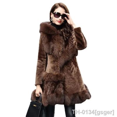▲✁✑ gsger Casaco de pele ovelha shearling para mulheres casaco glamouroso comprimento médio gola raposa roupas alta qualidade moda inverno 1 pc
