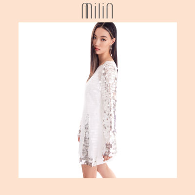 [MILIN] Sequinned v neck mini dress layered with front side slit chiffon mini dress มินิเดรสคอวี ปักเลื่อม สายสปาเก็ตตี้ด้านใน แต่งทับด้วยมินิเดรส ผ้าชีฟอง ผ่าหน้า Flounder Dress