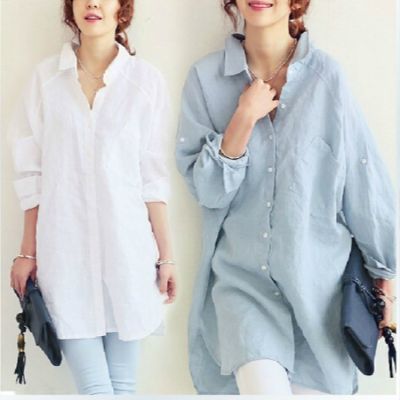 [Spot] spring, summer and autumn new plump girls shirt loose cotton and linen large size long shirt womens long sleeve casual top 2023