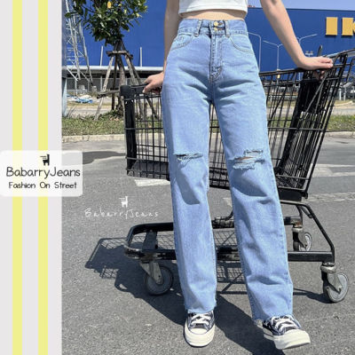 [พร้อมส่ง] BabarryJeans กางเกงยีนส์ ทรงกระบอก ขาดเซอร์ งานสตรีท เก็บทรงสวย สียีนส์ฟอก