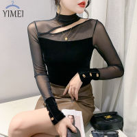 YIMEI เสื้อยืดแขนยาวฟิตเนสแฟชั่น2023สำหรับผู้หญิง,เสื้อท่อนบนกำมะหยี่คุณภาพสูงผ้าตาข่ายแขนยาวเสื้อยืดสำหรับผู้หญิงสีดำสวย