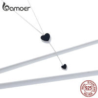 bamoer Double Heart Necklace for Women Simple Black Enamel Y-shape Chain Necklaces 925 Femme Sterling Silver Jewelry BSN095