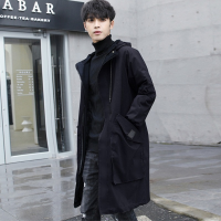 Korean Fashion Long Jacket Men With Hood Pure Black Hooded Windbreaker Jacket Overcoat Autumn Men Big Pockets Extra Large Size