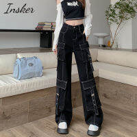 Insker-American Retro Tooling Jeans Womens Spring High Waist Multi-pocket Loose Slim Wide-leg Pants