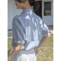 Blue chiffon short sleeve shirt female summer v-neck shirt professionalism is to interview comfortable hubble-bubble sleeve blouse