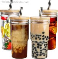 ❏ rfefefewfeerew Jar Copos com tampas e canudos de bambu Cup Smoothie Tumbler Glass CupIce 24oz 2 Pcs