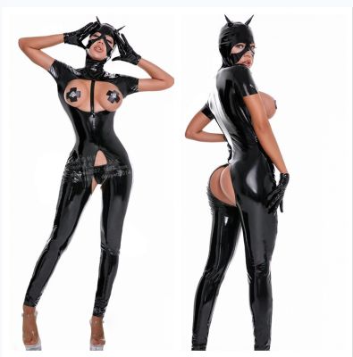 [COD] secret love new oily sexy lingerie female patent leather nightclub cat girl jumpsuit mirror jacket